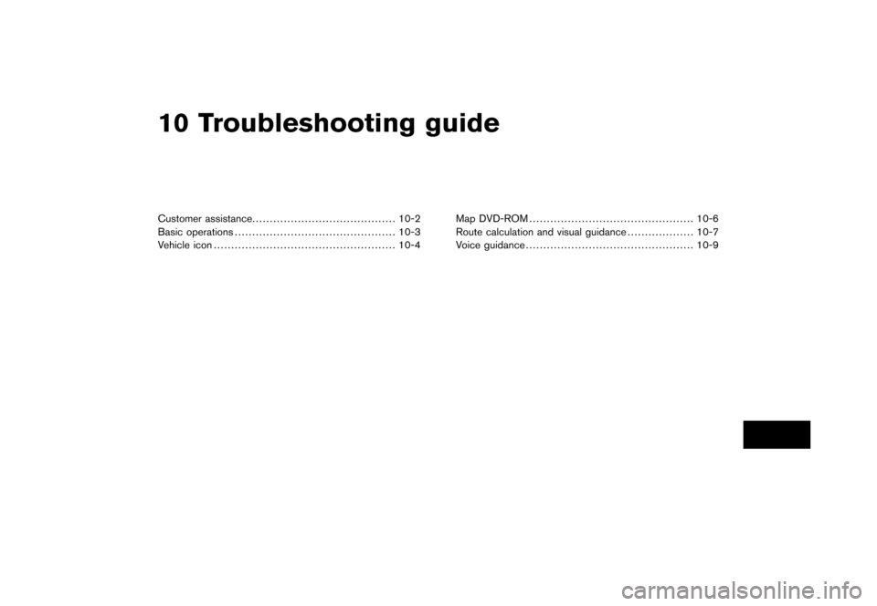 NISSAN XTERRA 2006 N50 / 2.G Navigation Manual 
10 Troubleshooting guideCustomer assistance......................................... 10-2
Basic operations .............................................. 10-3
Vehicle icon ...........................