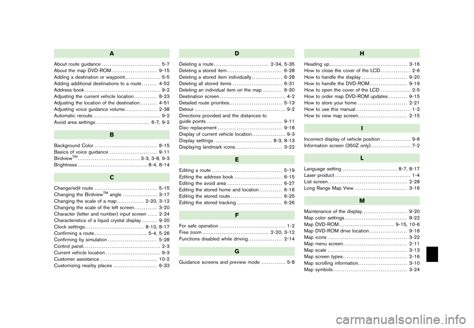NISSAN ALTIMA 2006 L31 / 3.G Navigation Manual 
A
About route guidance............................... 5-7
About the map DVD-ROM ........................ 9-15
Adding a destination or waypoint ................... 5-5
Adding additional destinations t