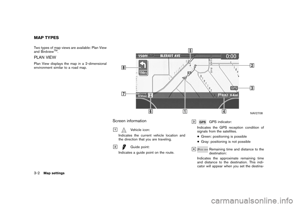 NISSAN ALTIMA 2006 L31 / 3.G Navigation Manual 
Two types of map views are available: Plan View
and Birdview
TM.
PLAN VIEWPlan View displays the map in a 2-dimensional
environment similar to a road map.
NAV2708
Screen information&1
Vehicle icon:
I