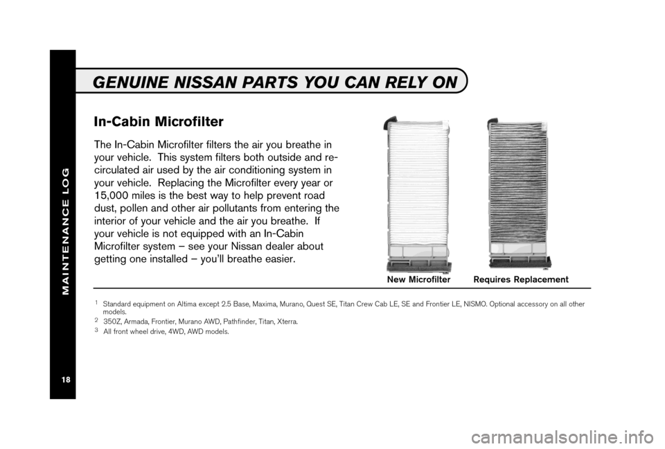 NISSAN MAXIMA 2006 A34 / 6.G Service And Maintenance Guide In-Cabin Microfilter
The In-Cabin Microfilter filters the air you breathe in
your vehicle.  This system filters both outside and re-
circulated air used by the air conditioning system in
your vehicle.