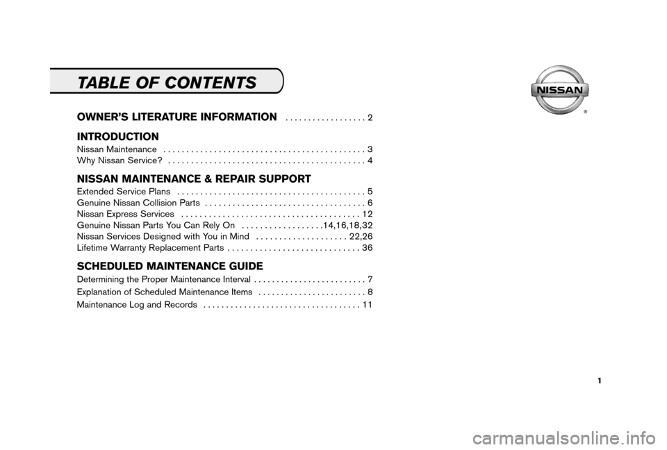 NISSAN MAXIMA 2006 A34 / 6.G Service And Maintenance Guide 1
TABLE OF CONTENTS
OWNER’S LITERATURE INFORMATION . . . . . . . . . . . . . . . . . . 2
INTRODUCTION
Nissan Maintenance . . . . . . . . . . . . . . . . . . . . . . . . . . . . . . . . . . . . . . NISSAN MAXIMA 2006 A34 / 6.G Service And Maintenance Guide 1
TABLE OF CONTENTS
OWNER’S LITERATURE INFORMATION . . . . . . . . . . . . . . . . . . 2
INTRODUCTION
Nissan Maintenance . . . . . . . . . . . . . . . . . . . . . . . . . . . . . . . . . . . . . .