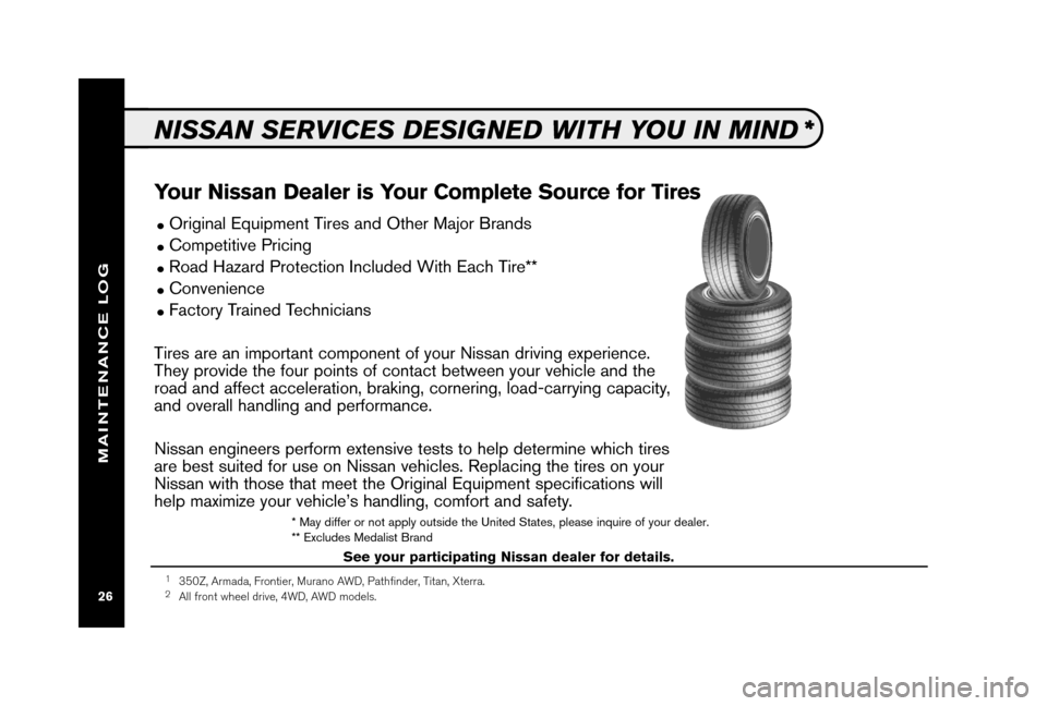 NISSAN MAXIMA 2006 A34 / 6.G Service And Maintenance Guide
NISSAN SERVICES DESIGNED WITH YOU IN MIND *
Your Nissan Dealer is Your Complete Source for Tires
See your participating Nissan dealer for details.
26
26
1350Z, Armada, Frontier, Murano AWD, Pathfin NISSAN MAXIMA 2006 A34 / 6.G Service And Maintenance Guide
NISSAN SERVICES DESIGNED WITH YOU IN MIND *
Your Nissan Dealer is Your Complete Source for Tires
See your participating Nissan dealer for details.
26
26
1350Z, Armada, Frontier, Murano AWD, Pathfin