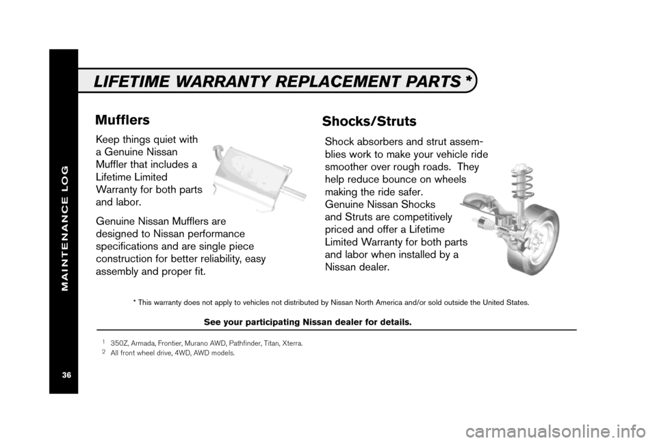 NISSAN XTERRA 2006 N50 / 2.G Service And Maintenance Guide Keep things quiet with
a Genuine Nissan
Muffler that includes a
Lifetime Limited
Warranty for both parts
and labor.
Genuine Nissan Mufflers are
designed to Nissan performance
specifications and are si
