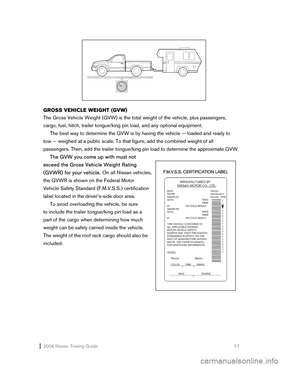 NISSAN MAXIMA 2006 A34 / 6.G Towing Guide  
 2006 Nissan Towing Guide    11  
 
 
 
 
 
  
 
 
 
GROSS VEHICLE WEIGHT (GVW) 
The Gross Vehicle Weight (GVW) is the total weight of the vehicle, plus passengers, 
cargo, fuel, hitch, trailer tong