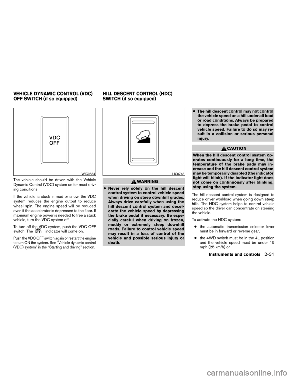 NISSAN FRONTIER 2006 D22 / 1.G Owners Manual The vehicle should be driven with the Vehicle
Dynamic Control (VDC) system on for most driv-
ing conditions.
If the vehicle is stuck in mud or snow, the VDC
system reduces the engine output to reduce
NISSAN FRONTIER 2006 D22 / 1.G Owners Manual The vehicle should be driven with the Vehicle
Dynamic Control (VDC) system on for most driv-
ing conditions.
If the vehicle is stuck in mud or snow, the VDC
system reduces the engine output to reduce