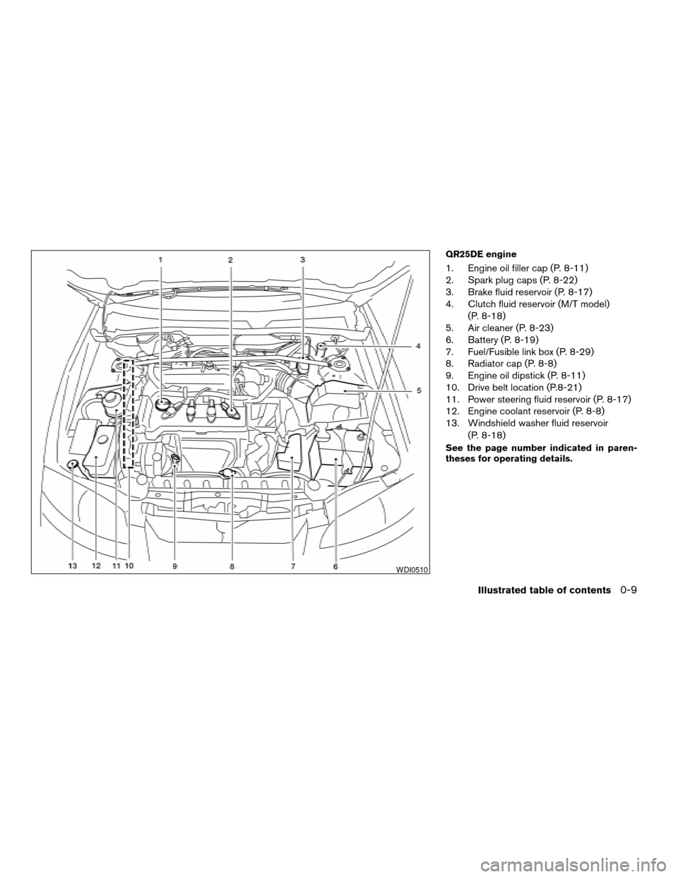 NISSAN SENTRA 2006 B15 / 5.G Owners Manual QR25DE engine
1. Engine oil filler cap (P. 8-11)
2. Spark plug caps (P. 8-22)
3. Brake fluid reservoir (P. 8-17)
4. Clutch fluid reservoir (M/T model)
(P. 8-18)
5. Air cleaner (P. 8-23)
6. Battery (P.