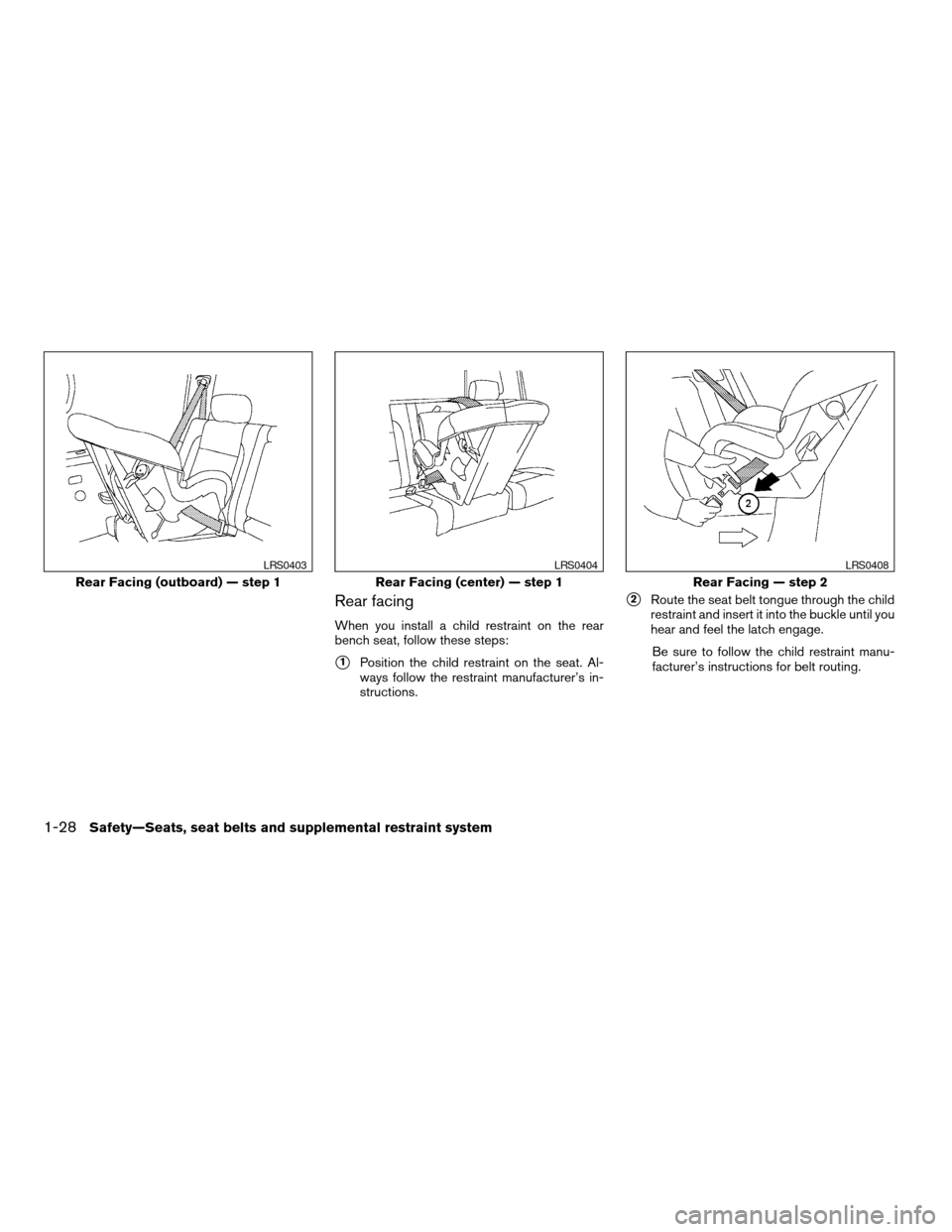 NISSAN TITAN 2006 1.G Owners Manual Rear facing
When you install a child restraint on the rear
bench seat, follow these steps:
s1Position the child restraint on the seat. Al-
ways follow the restraint manufacturer’s in-
structions.
s2