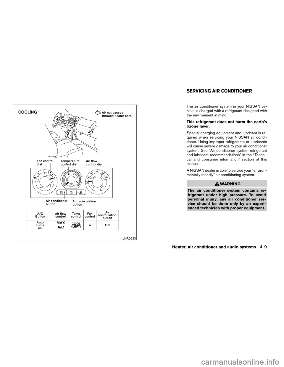 NISSAN XTERRA 2006 N50 / 2.G Owners Manual The air conditioner system in your NISSAN ve-
hicle is charged with a refrigerant designed with
the environment in mind.
This refrigerant does not harm the earth’s
ozone layer.
Special charging equi