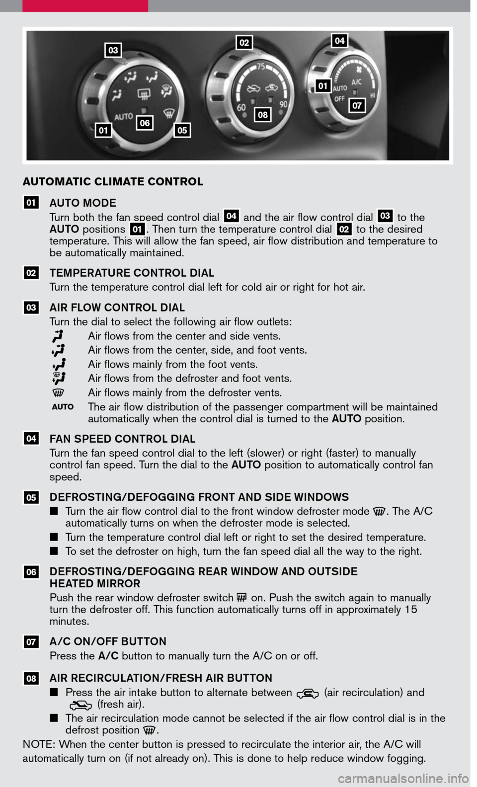NISSAN 350Z 2007 Z33 Quick Reference Guide 
030204
010605
0807
AUTO MODE
Turn both the fan speed control dial 04 and the air flow control dial 03 to the AUTO positions 01. Then turn the temperature control dial 02 to the desired temperature. T