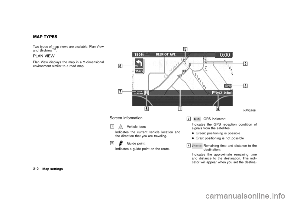 NISSAN MAXIMA 2007 A34 / 6.G Navigation Manual Two types of map views are available: Plan View
and BirdviewTM.
PLAN VIEW
Plan View displays the map in a 2-dimensional
environment similar to a road map.
NAV2708
Screen information
&1Vehicle icon:
In