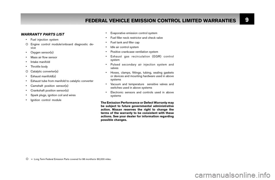 NISSAN MAXIMA 2007 A34 / 6.G Warranty Booklet 9FEDERAL VEHICLE EMISSION CONTROL LIMITED WARRANTIES
  •  Evaporative emission control system 
  •  Fuel ﬁ ller neck restrictor and check valve
  •  Fuel tank and ﬁ ller cap
  •  Idle air 