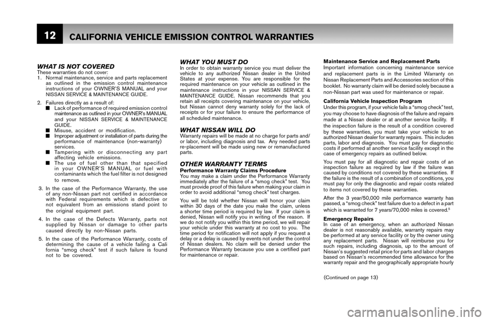 NISSAN VERSA 2007 1.G Warranty Booklet 12CALIFORNIA VEHICLE EMISSION CONTROL WARRANTIES
Maintenance Service and Replacement Parts
Important information concerning maintenance service
and replacement parts is in the Limited Warranty on
N NISSAN VERSA 2007 1.G Warranty Booklet 12CALIFORNIA VEHICLE EMISSION CONTROL WARRANTIES
Maintenance Service and Replacement Parts
Important information concerning maintenance service
and replacement parts is in the Limited Warranty on
N
