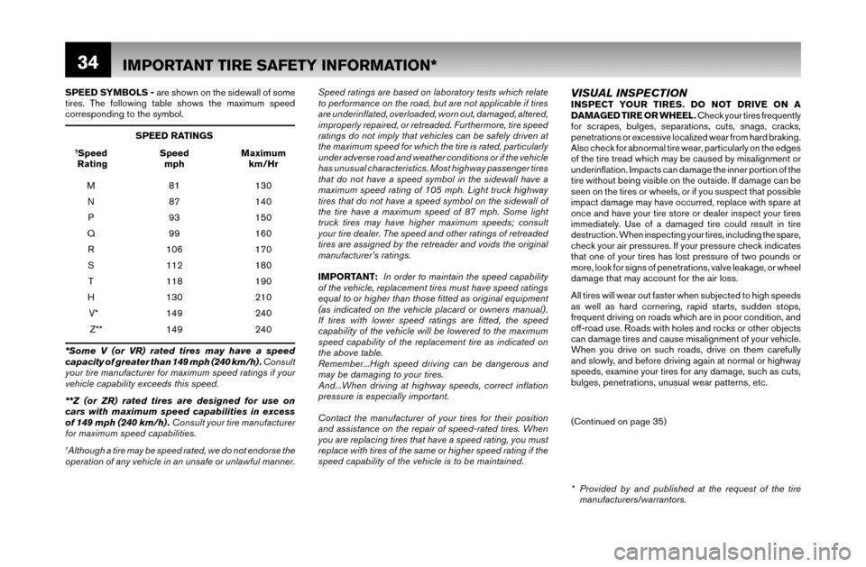 NISSAN MAXIMA 2007 A34 / 6.G Warranty Booklet 34
SPEED SYMBOLS - are shown on the sidewall of some 
tires. The following table shows the maximum speed 
corresponding to the symbol.
 SPEED RATINGS
 †Speed Speed Maximum
  Rating  mph  km/Hr
 M  8
