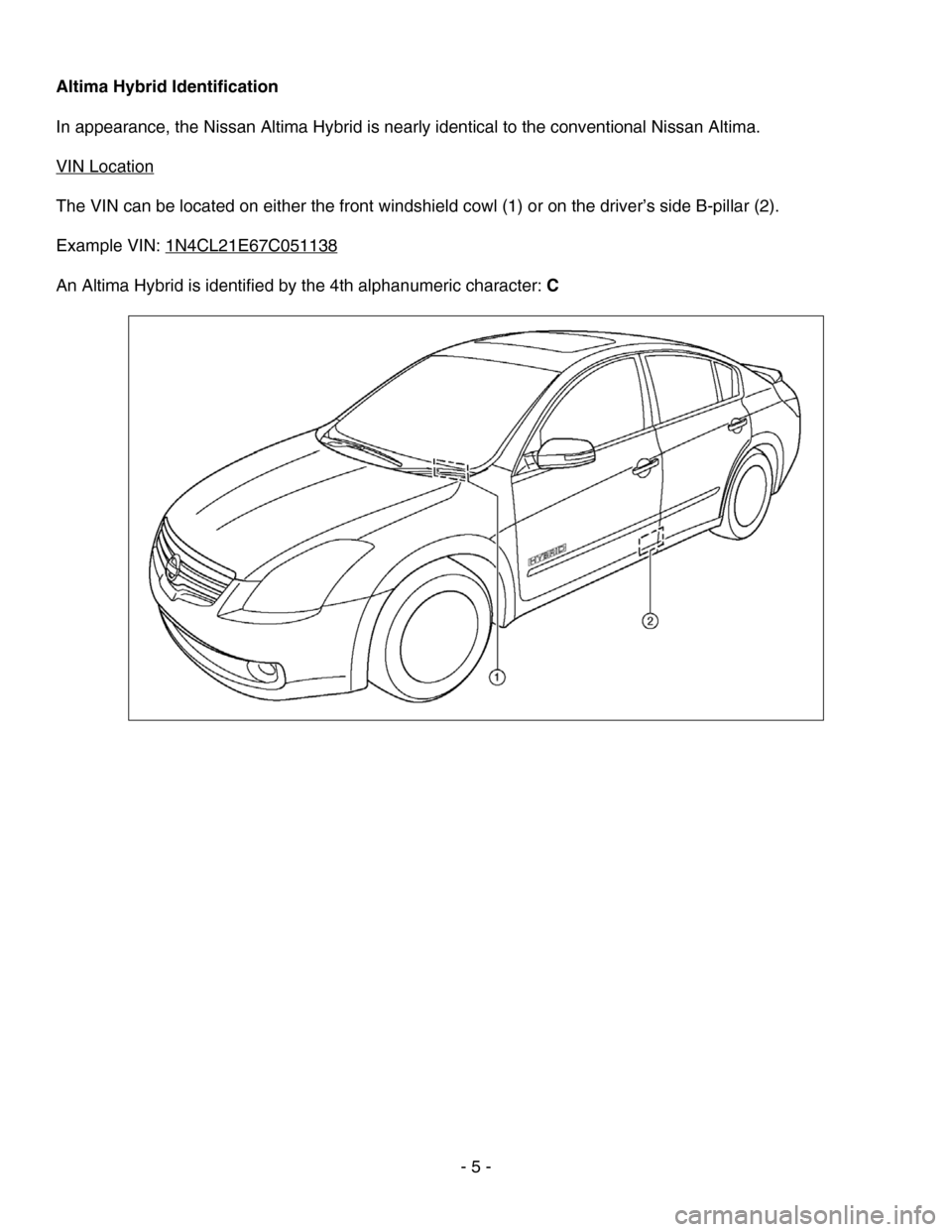 NISSAN ALTIMA HYBRID 2007 L32A / 4.G Dismantling Guide 
 
Altima Hybrid Identification 
 
In appearance, the Nissan Altima Hybrid is nearly identical to the conventional Nissan Altima.  
 
VIN Location 
 
The VIN can be located on either the front windshi