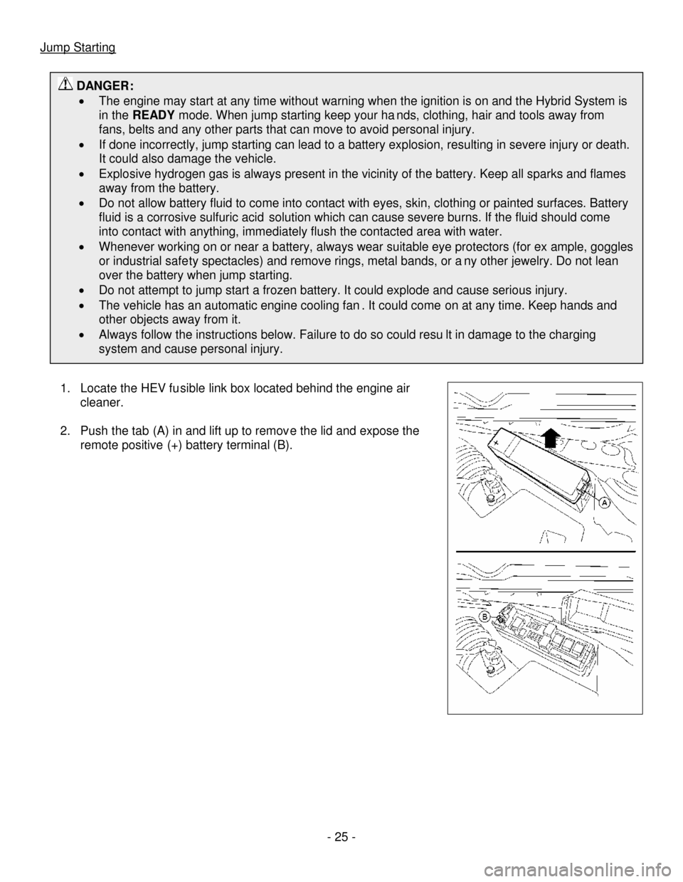 NISSAN ALTIMA HYBRID 2007 L32A / 4.G First Responders Guide - 25-
Jump Starting
1.Locate the HEV fusible link box located behind the engine air
cleaner.
2.Push the tab(A)in and lift up to remove the lid and expose the
remote positive (+) battery terminal (B).
