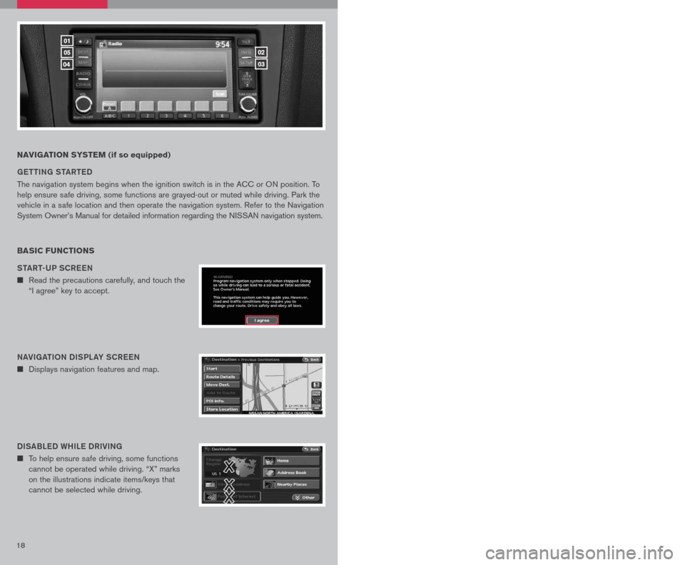 NISSAN ALTIMA HYBRID 2007 L32A / 4.G Quick Reference Guide
1819
NAVIGATION SYSTEM (if so equipped)
G ett ING S tAR teD
The navigation system begins when the ignition switch is in the ACC or ON position. To
help ensure safe driving, some functions are grayed NISSAN ALTIMA HYBRID 2007 L32A / 4.G Quick Reference Guide
1819
NAVIGATION SYSTEM (if so equipped)
G ett ING S tAR teD
The navigation system begins when the ignition switch is in the ACC or ON position. To
help ensure safe driving, some functions are grayed