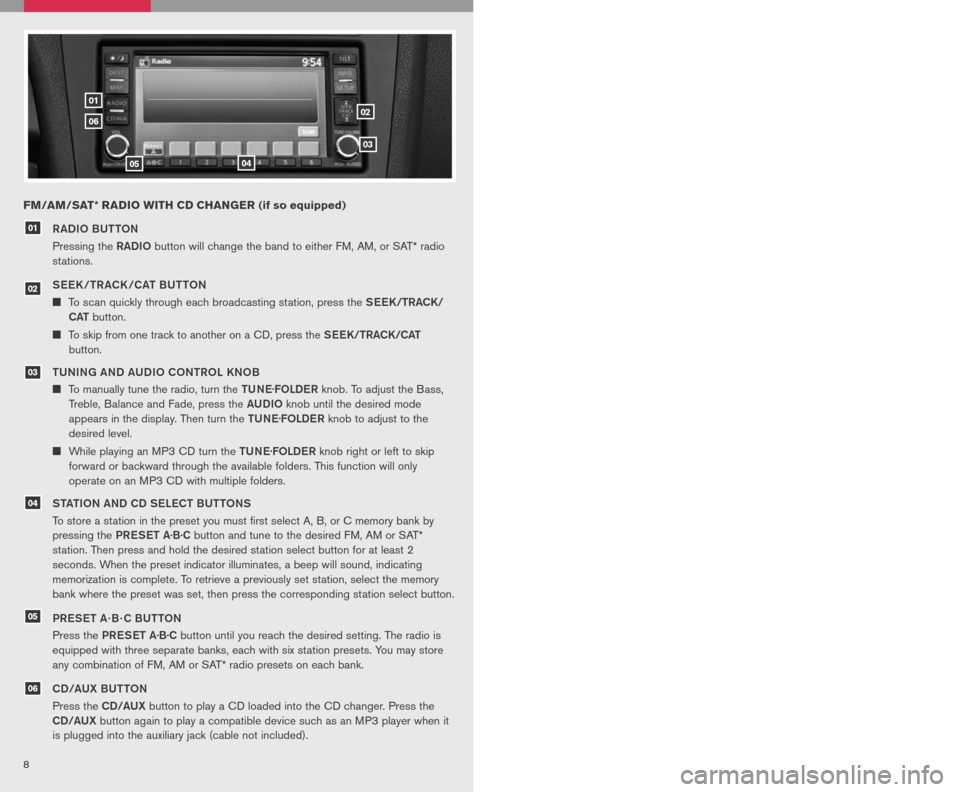 NISSAN ALTIMA HYBRID 2007 L32A / 4.G Quick Reference Guide 
89
0102
03
0405
06
RADIo BU ttoN
Pressing the  RADIo button will change the band to either FM, AM, or SAT* radio 
stations.
See K /tR ACK /CA t BU tto N
 To scan quickly through each broadcasting 