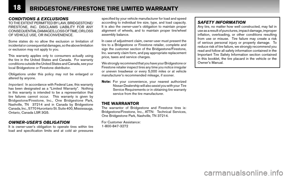 NISSAN ALTIMA HYBRID 2007 L32A / 4.G Warranty Booklet 18
CONDITIONS & EXCLUSIONSTO THE EXTENT PERMITTED BY LAW, BRIDGESTONE/
FIRESTONE, INC. DISCLAIMS LIABILITY FOR ANY
CONSEQUENTIAL DAMAGES, LOSS OF TIME, OR LOSS
OF VEHICLE USE, OR INCONVENIENCE.
So NISSAN ALTIMA HYBRID 2007 L32A / 4.G Warranty Booklet 18
CONDITIONS & EXCLUSIONSTO THE EXTENT PERMITTED BY LAW, BRIDGESTONE/
FIRESTONE, INC. DISCLAIMS LIABILITY FOR ANY
CONSEQUENTIAL DAMAGES, LOSS OF TIME, OR LOSS
OF VEHICLE USE, OR INCONVENIENCE.
So