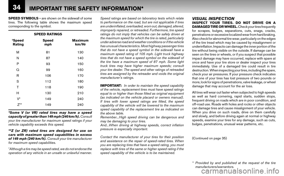 NISSAN ALTIMA HYBRID 2007 L32A / 4.G Warranty Booklet 34
SPEED SYMBOLS - are shown on the sidewall of some
tires. The following table shows the maximum speed
corresponding to the symbol.
SPEED RATINGS
†Speed Speed Maximum
Rating mph km/Hr
NISSAN ALTIMA HYBRID 2007 L32A / 4.G Warranty Booklet 34
SPEED SYMBOLS - are shown on the sidewall of some
tires. The following table shows the maximum speed
corresponding to the symbol.
SPEED RATINGS
†Speed Speed Maximum
Rating mph km/Hr