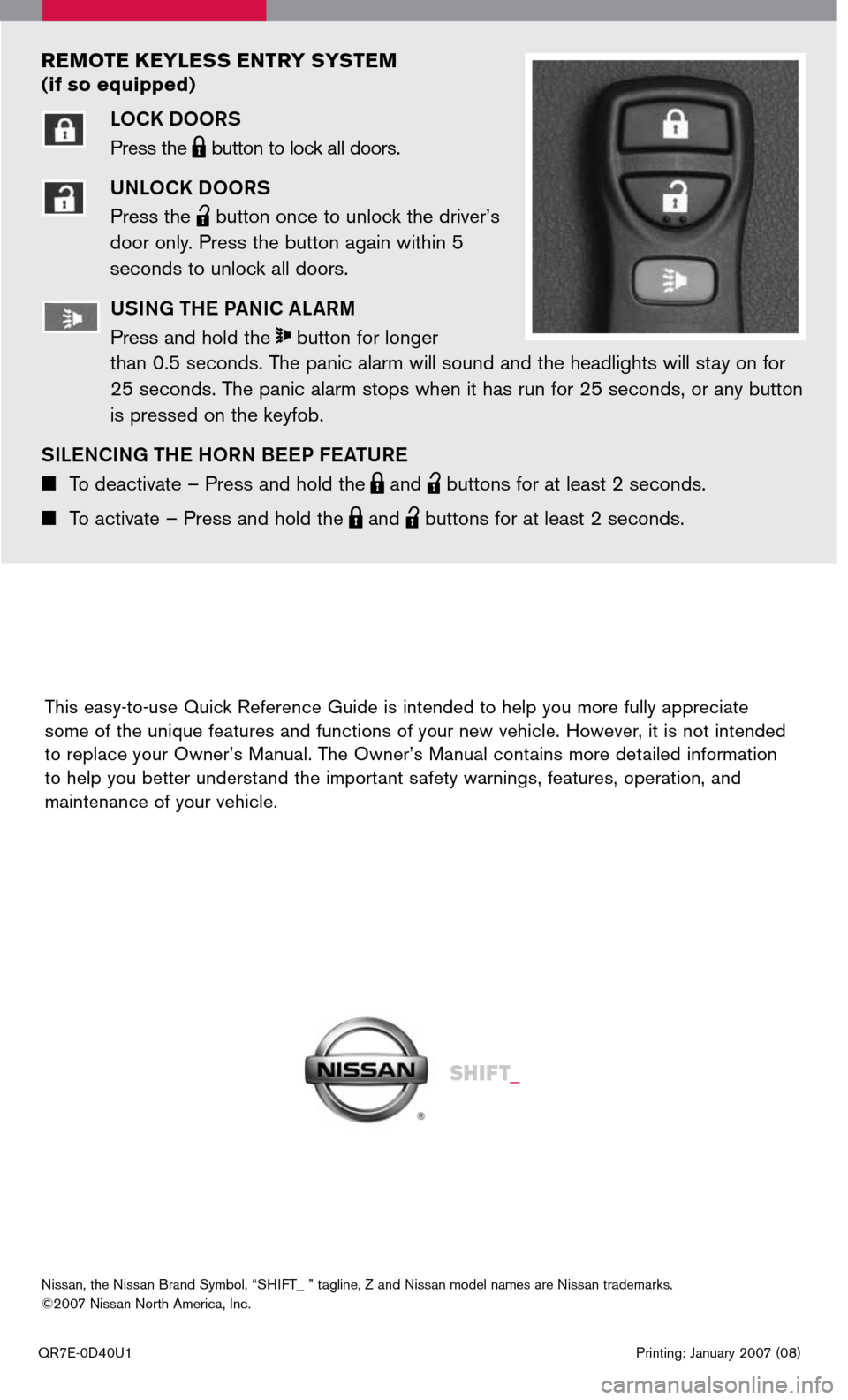 NISSAN FRONTIER 2007 D22 / 1.G Quick Reference Guide 
This easy-to-use Quick Reference Guide is intended to help you more fully appreciate some of the unique features and functions of your new vehicle. However, it is not intended to replace your Owner