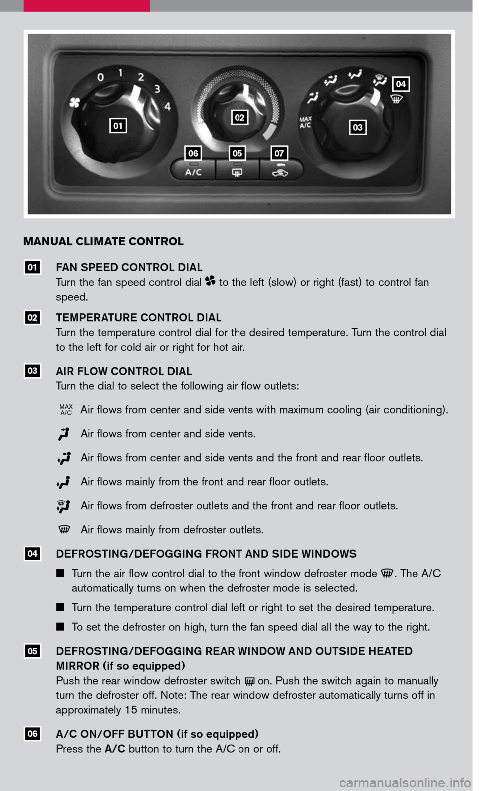 NISSAN FRONTIER 2007 D22 / 1.G Quick Reference Guide
Manual cli Mate control
FAN SPEED CONTROL DIAL
Turn the fan speed control dial to the left (slow) or right (fast) to control fan
speed.
TEMPERATURE CONTROL DIAL
Turn the temperature control di NISSAN FRONTIER 2007 D22 / 1.G Quick Reference Guide
Manual cli Mate control
FAN SPEED CONTROL DIAL
Turn the fan speed control dial to the left (slow) or right (fast) to control fan
speed.
TEMPERATURE CONTROL DIAL
Turn the temperature control di