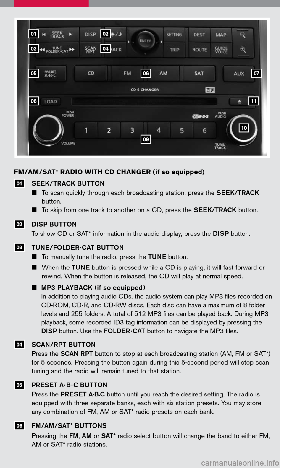 NISSAN MAXIMA 2007 A34 / 6.G Quick Reference Guide 
SEEK/TRACK BUTTON
  To scan quickly through each broadcasting station, press the  SEEK/TRACK  
 button.    
  To skip from one track to another on a CD, press the SEEK/TRACK button.
DISP BUTTON