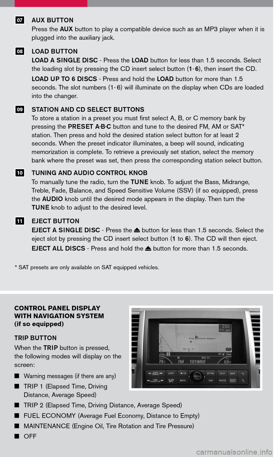 NISSAN MAXIMA 2007 A34 / 6.G Quick Reference Guide 
07
08
AUX BUTTON
Press the AUX button to play a compatible device such as an MP3 player when it is 
plugged into the auxiliary jack.
LOAD BUTTON
LOAD A SINGLE DISC - Press the LOAD button for less th