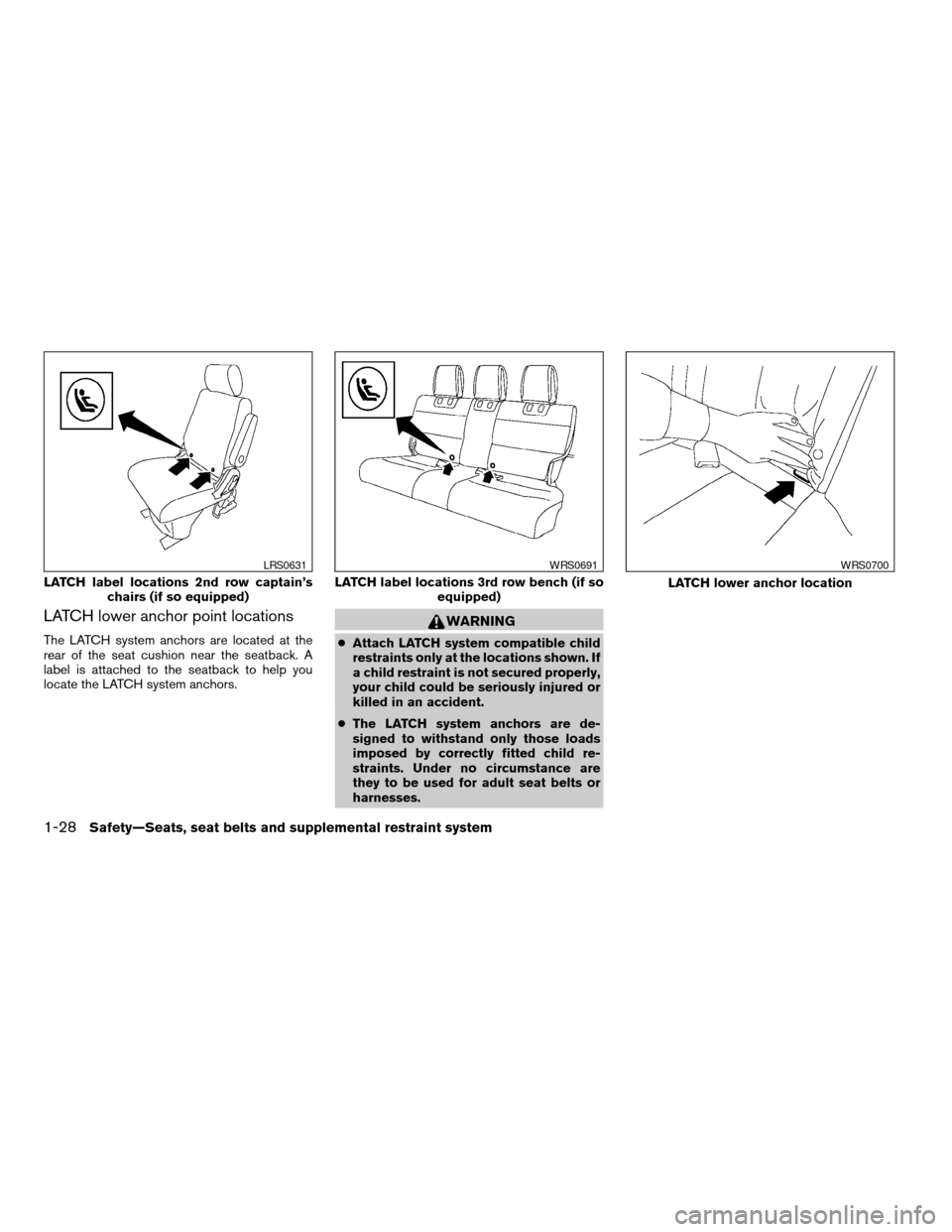NISSAN QUEST 2007 V42 / 3.G Owners Manual LATCH lower anchor point locations
The LATCH system anchors are located at the
rear of the seat cushion near the seatback. A
label is attached to the seatback to help you
locate the LATCH system ancho