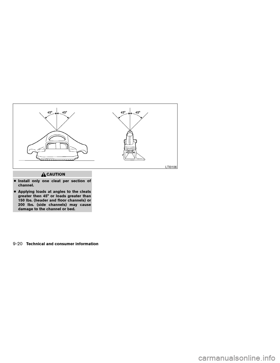 NISSAN TITAN 2007 1.G Owners Manual CAUTION
cInstall only one cleat per section of
channel.
cApplying loads at angles to the cleats
greater then 45° or loads greater than
150 lbs. (header and floor channels) or
200 lbs. (side channels)