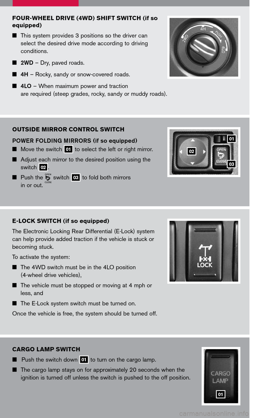 NISSAN TITAN 2007 1.G Quick Reference Guide 
FOUR-WHEEL DRIVE (4WD) SHIFT SWITCH (if so 
equipped)
	This system provides 3 positions so the driver can 
select the desired drive mode according to driving 
conditions.
	2WD – Dry, paved ro