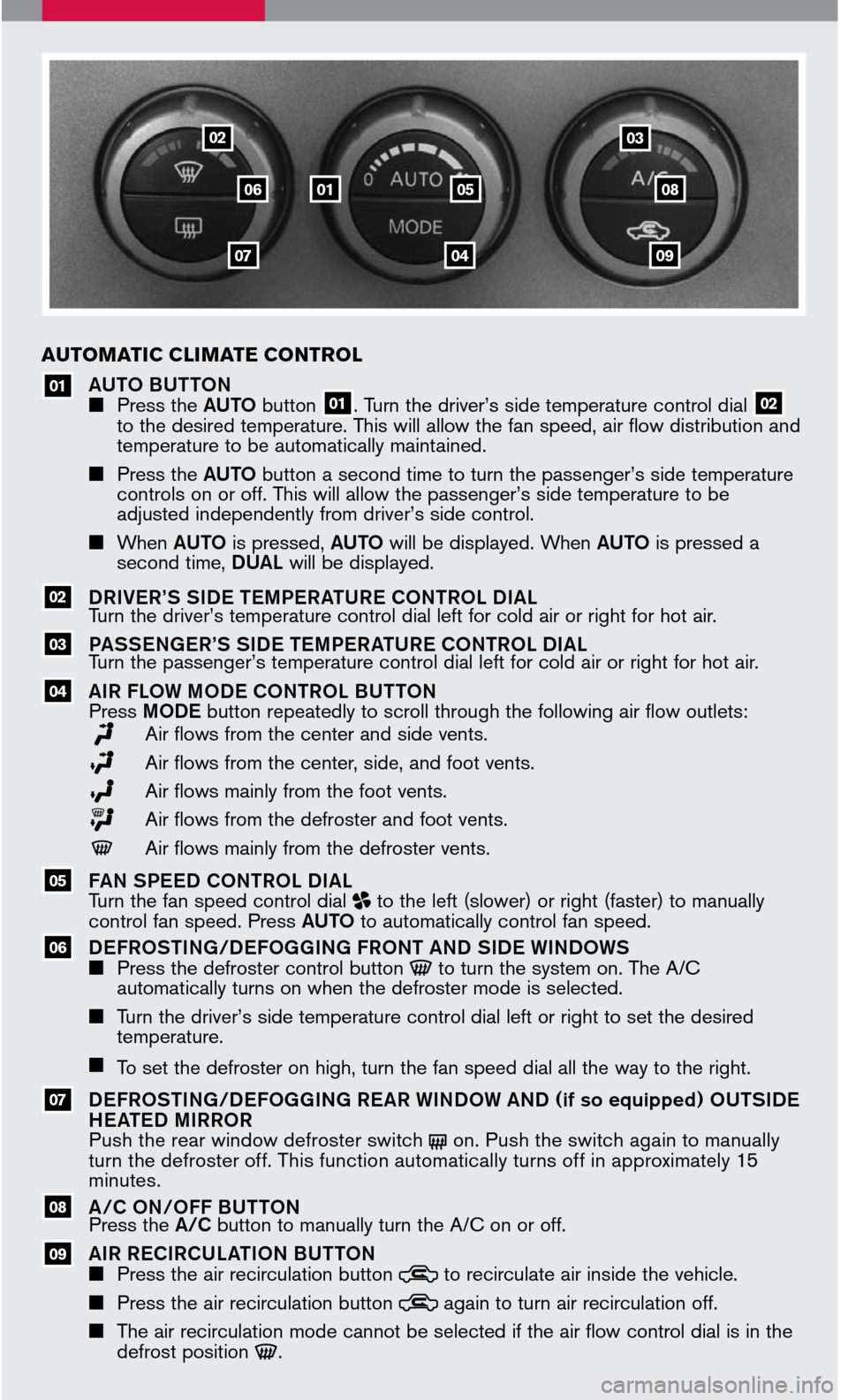 NISSAN TITAN 2007 1.G Quick Reference Guide 
 
AUTO BUTTON Press the AUTO button 01. Turn the driver’s side temperature control dial 02to the desired temperature. This will allow the fan speed, air flow distribution and temperature to be a