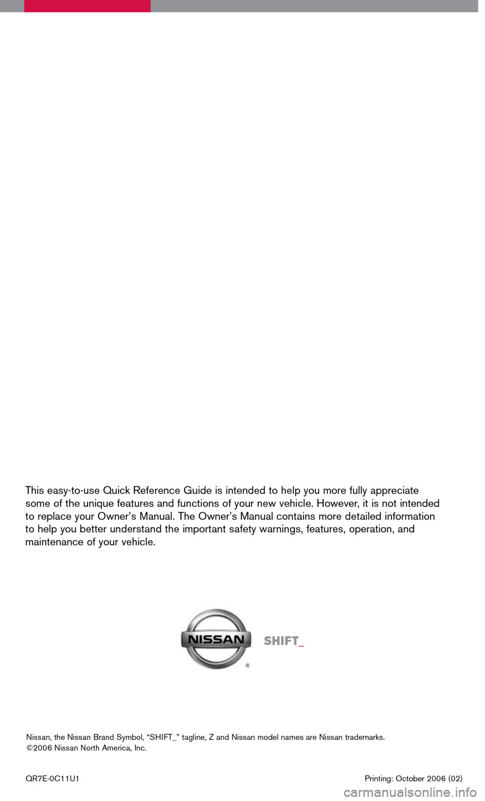 NISSAN VERSA 2007 1.G Quick Reference Guide 
QR7E-0C11U1                         Printing: October 2006 (02)
Nissan, the Nissan Brand Symbol, “SHIFT_” tagline, Z and Nissan model names are Nissan trademarks. ©2006 Nissan North America, Inc