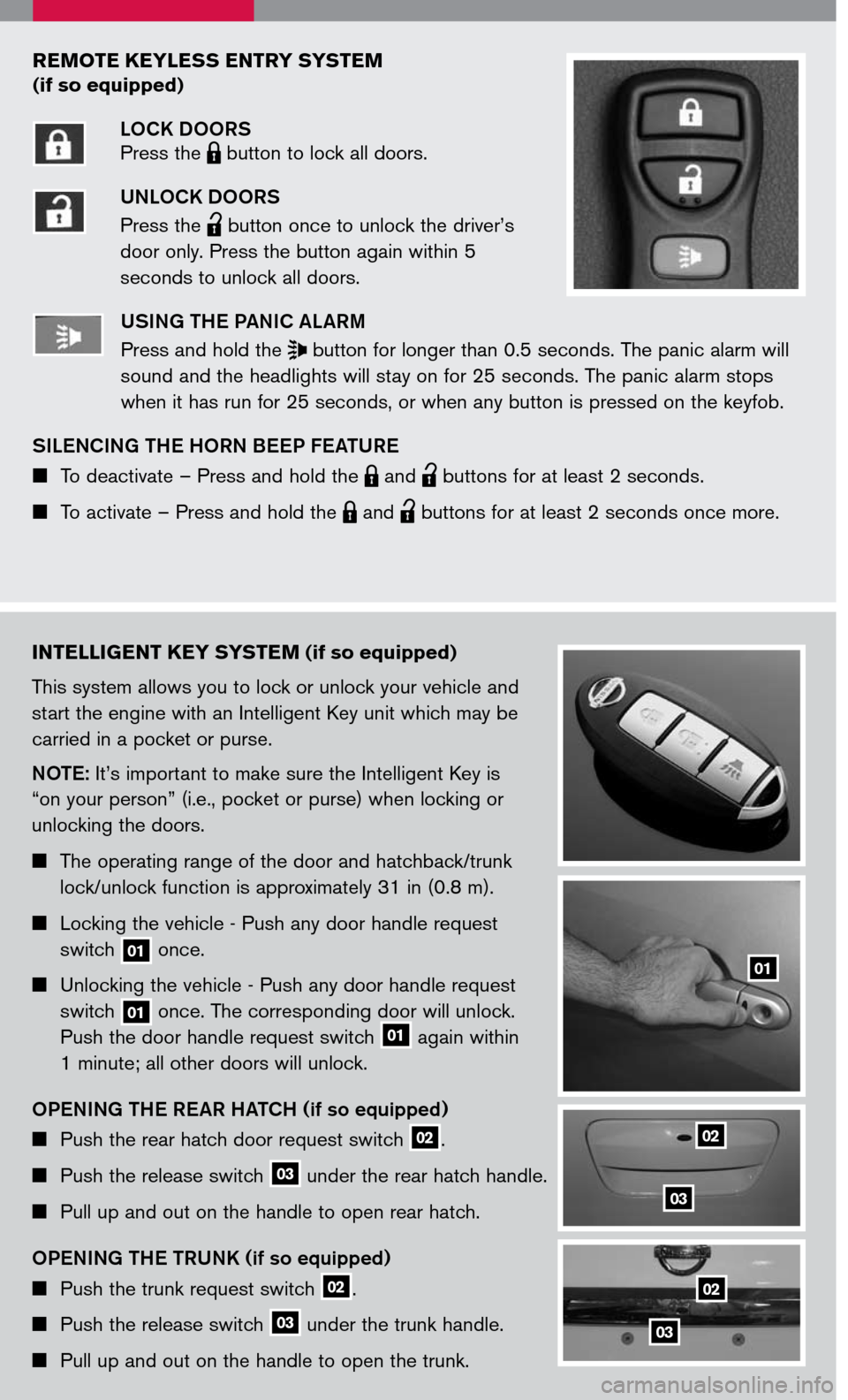 NISSAN VERSA 2007 1.G Quick Reference Guide
REMOTE KEYLESS ENTRY SYSTEM
(if so equipped)
LOCK DOORS
Press the LPD0150 button to lock all doors.
UNLOCK DOORS
Press the
lpd0151
button once to unlock the driver’s
door only. Press the butt NISSAN VERSA 2007 1.G Quick Reference Guide
REMOTE KEYLESS ENTRY SYSTEM
(if so equipped)
LOCK DOORS
Press the LPD0150 button to lock all doors.
UNLOCK DOORS
Press the
lpd0151
button once to unlock the driver’s
door only. Press the butt