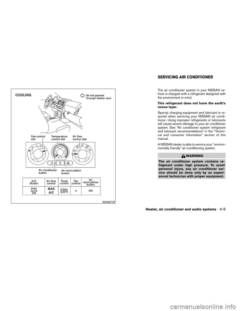 NISSAN XTERRA 2007 N50 / 2.G Owners Manual The air conditioner system in your NISSAN ve-
hicle is charged with a refrigerant designed with
the environment in mind.
This refrigerant does not harm the earth’s
ozone layer.
Special charging equi