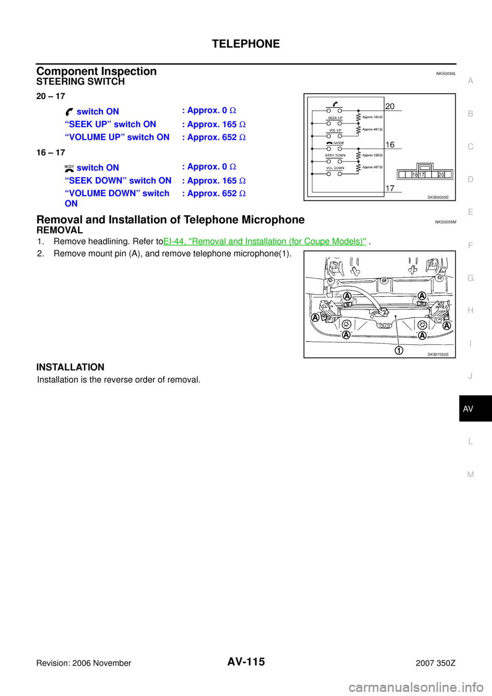 NISSAN 350Z 2007 Z33 Audio Visual, Navigation And Telephone System TELEPHONE
AV-115
C
D
E
F
G
H
I
J
L
MA
B
AV
Revision: 2006 November2007 350Z
Component InspectionNKS0056L
STEERING SWITCH
20 – 17
16 – 17
Removal and Installation of Telephone MicrophoneNKS0056M
RE