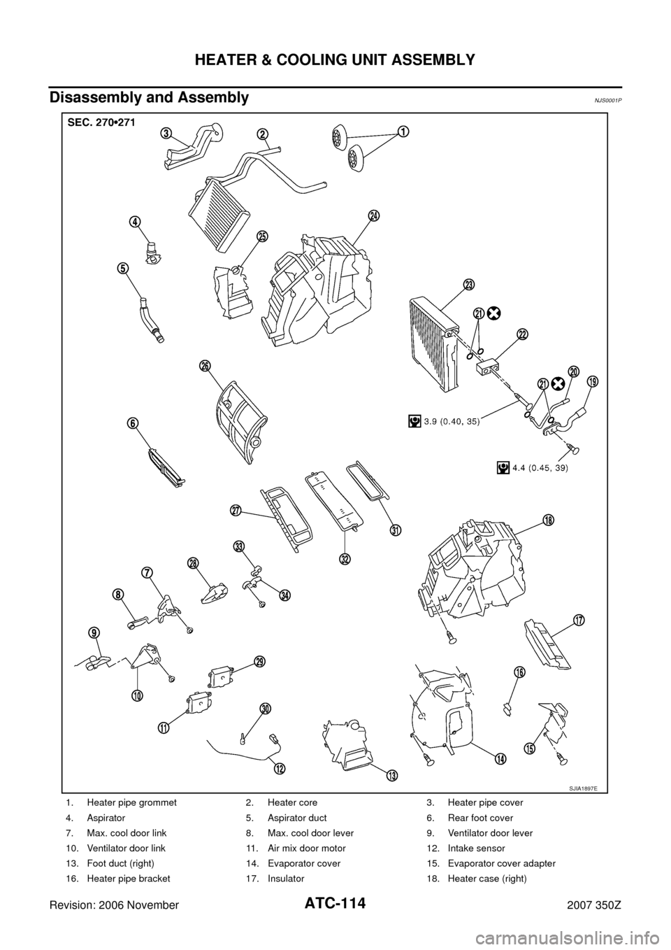 NISSAN 350Z 2007 Z33 Automatic Air Conditioner Workshop Manual ATC-114
HEATER & COOLING UNIT ASSEMBLY
Revision: 2006 November2007 350Z
Disassembly and AssemblyNJS0001P
1. Heater pipe grommet 2. Heater core 3. Heater pipe cover
4. Aspirator 5. Aspirator duct 6. Re