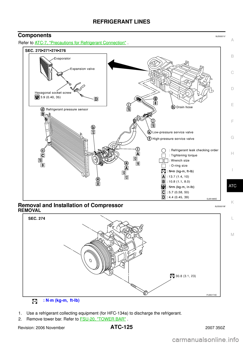 NISSAN 350Z 2007 Z33 Automatic Air Conditioner Workshop Manual REFRIGERANT LINES
ATC-125
C
D
E
F
G
H
I
K
L
MA
B
AT C
Revision: 2006 November2007 350Z
ComponentsNJS0001V
Refer to AT C - 7 ,  "Precautions for Refrigerant Connection" .
Removal and Installation of Co