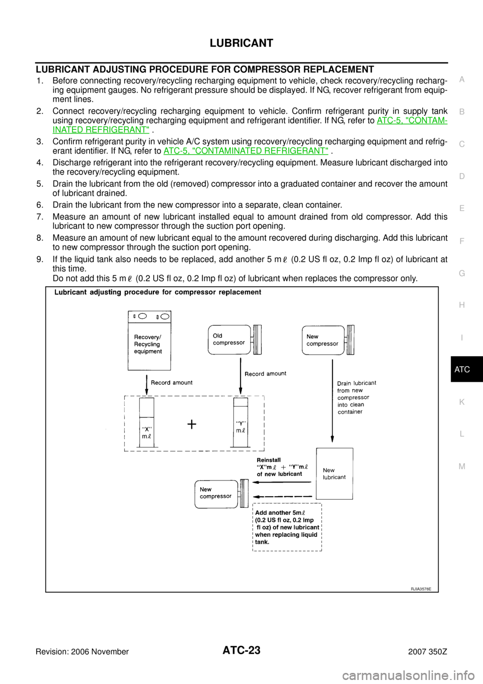 NISSAN 350Z 2007 Z33 Automatic Air Conditioner Workshop Manual LUBRICANT
ATC-23
C
D
E
F
G
H
I
K
L
MA
B
AT C
Revision: 2006 November2007 350Z
LUBRICANT ADJUSTING PROCEDURE FOR COMPRESSOR REPLACEMENT
1. Before connecting recovery/recycling recharging equipment to v NISSAN 350Z 2007 Z33 Automatic Air Conditioner Workshop Manual LUBRICANT
ATC-23
C
D
E
F
G
H
I
K
L
MA
B
AT C
Revision: 2006 November2007 350Z
LUBRICANT ADJUSTING PROCEDURE FOR COMPRESSOR REPLACEMENT
1. Before connecting recovery/recycling recharging equipment to v