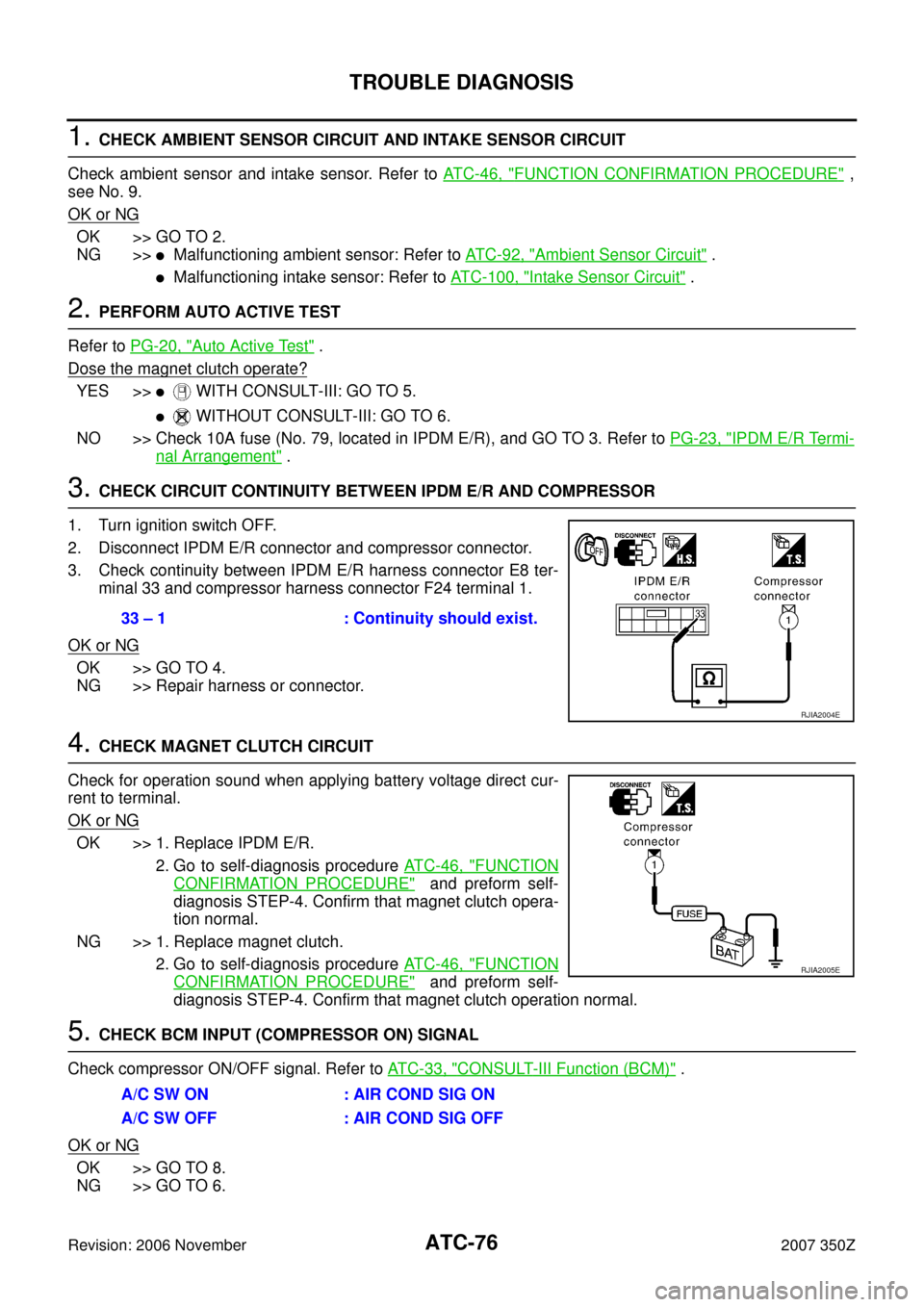 NISSAN 350Z 2007 Z33 Automatic Air Conditioner Workshop Manual ATC-76
TROUBLE DIAGNOSIS
Revision: 2006 November2007 350Z
1. CHECK AMBIENT SENSOR CIRCUIT AND INTAKE SENSOR CIRCUIT
Check ambient sensor and intake sensor. Refer to AT C - 4 6 ,  "
FUNCTION CONFIRMATI