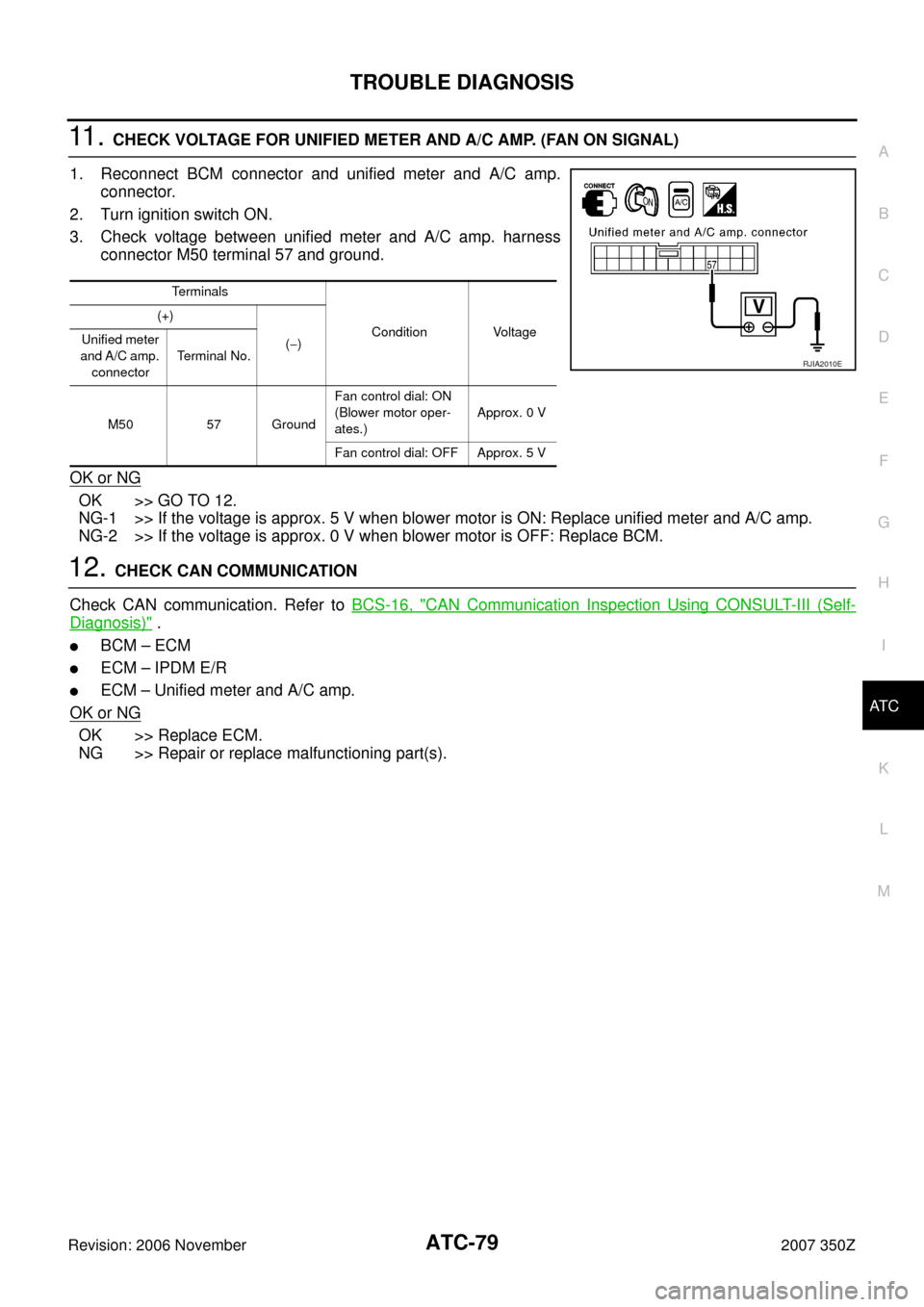 NISSAN 350Z 2007 Z33 Automatic Air Conditioner Workshop Manual TROUBLE DIAGNOSIS
ATC-79
C
D
E
F
G
H
I
K
L
MA
B
AT C
Revision: 2006 November2007 350Z
11 . CHECK VOLTAGE FOR UNIFIED METER AND A/C AMP. (FAN ON SIGNAL)
1. Reconnect BCM connector and unified meter an NISSAN 350Z 2007 Z33 Automatic Air Conditioner Workshop Manual TROUBLE DIAGNOSIS
ATC-79
C
D
E
F
G
H
I
K
L
MA
B
AT C
Revision: 2006 November2007 350Z
11 . CHECK VOLTAGE FOR UNIFIED METER AND A/C AMP. (FAN ON SIGNAL)
1. Reconnect BCM connector and unified meter an