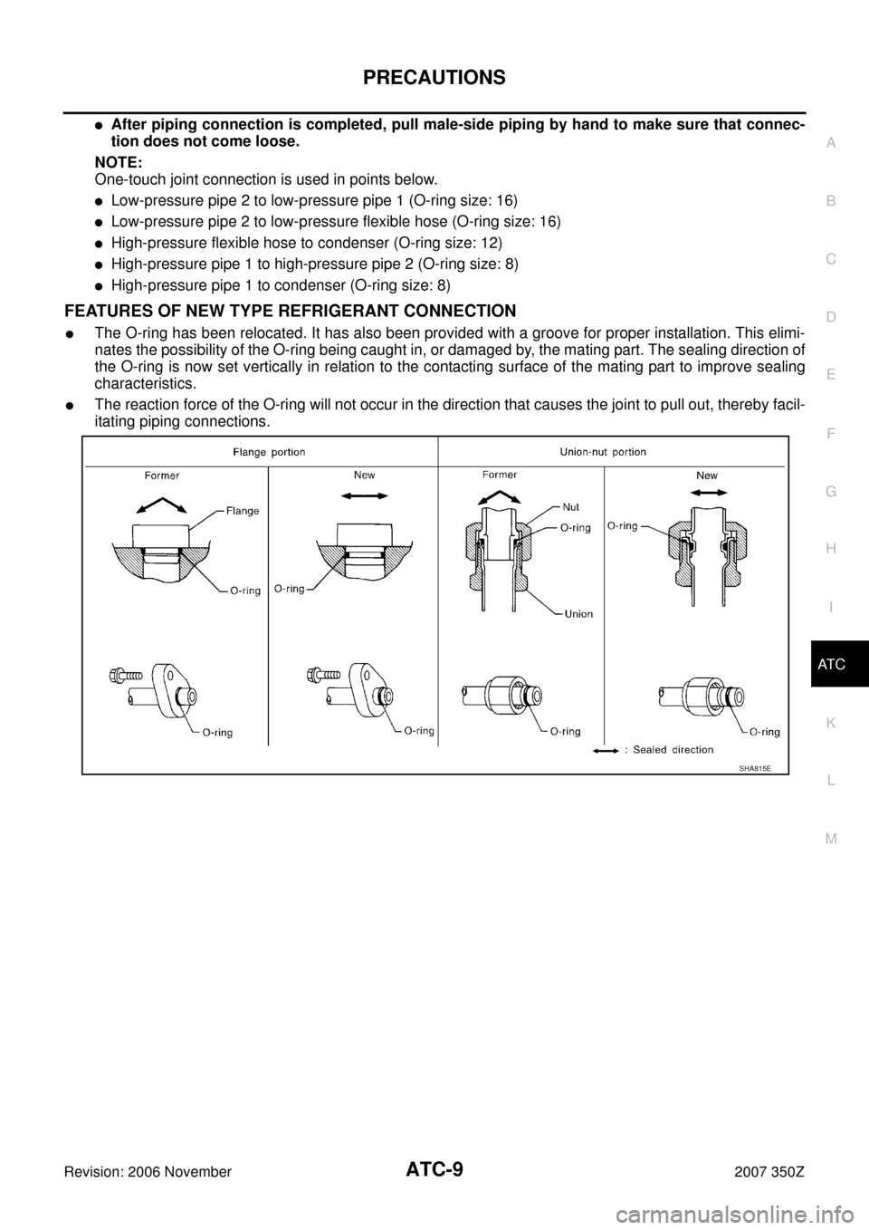 NISSAN 350Z 2007 Z33 Automatic Air Conditioner Workshop Manual PRECAUTIONS
ATC-9
C
D
E
F
G
H
I
K
L
MA
B
AT C
Revision: 2006 November2007 350Z
After piping connection is completed, pull male-side piping by hand to make sure that connec-
tion does not come loose.
