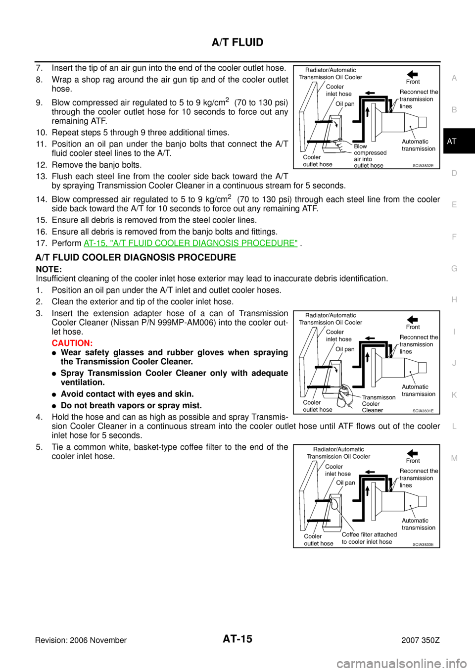 NISSAN 350Z 2007 Z33 Automatic Transmission Workshop Manual A/T FLUID
AT-15
D
E
F
G
H
I
J
K
L
MA
B
AT
Revision: 2006 November2007 350Z
7. Insert the tip of an air gun into the end of the cooler outlet hose.
8. Wrap a shop rag around the air gun tip and of the 