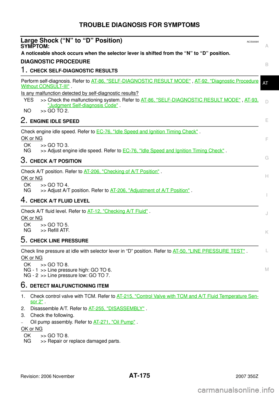 NISSAN 350Z 2007 Z33 Automatic Transmission Workshop Manual TROUBLE DIAGNOSIS FOR SYMPTOMS
AT-175
D
E
F
G
H
I
J
K
L
MA
B
AT
Revision: 2006 November2007 350Z
Large Shock (“N” to “D” Position)NCS0008A
SYMPTOM:
A noticeable shock occurs when the selector 