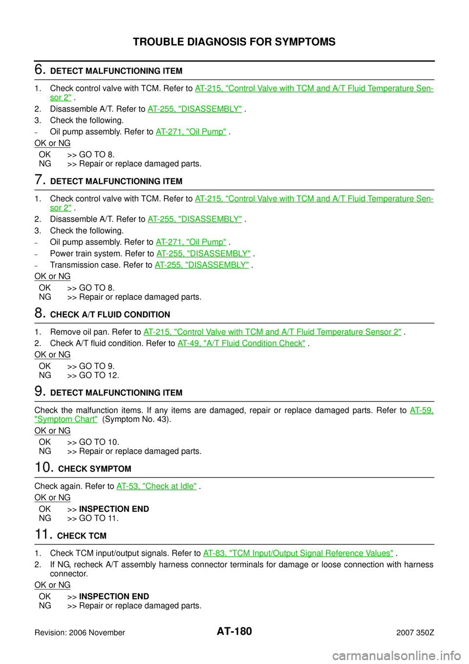 NISSAN 350Z 2007 Z33 Automatic Transmission Workshop Manual AT-180
TROUBLE DIAGNOSIS FOR SYMPTOMS
Revision: 2006 November2007 350Z
6. DETECT MALFUNCTIONING ITEM
1. Check control valve with TCM. Refer to AT- 2 1 5 ,  "
Control Valve with TCM and A/T Fluid Tempe