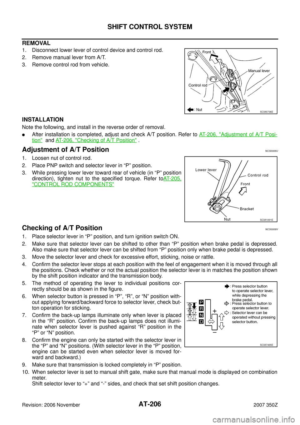 NISSAN 350Z 2007 Z33 Automatic Transmission Workshop Manual AT-206
SHIFT CONTROL SYSTEM
Revision: 2006 November2007 350Z
REMOVAL
1. Disconnect lower lever of control device and control rod.
2. Remove manual lever from A/T.
3. Remove control rod from vehicle.
I