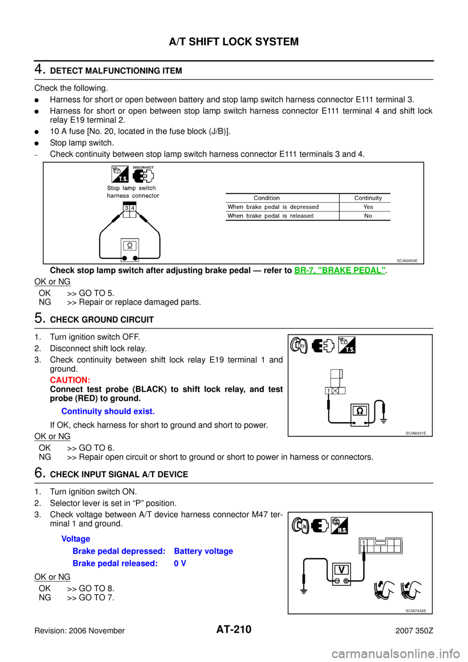NISSAN 350Z 2007 Z33 Automatic Transmission Workshop Manual AT-210
A/T SHIFT LOCK SYSTEM
Revision: 2006 November2007 350Z
4. DETECT MALFUNCTIONING ITEM
Check the following.
Harness for short or open between battery and stop lamp switch harness connector E111 NISSAN 350Z 2007 Z33 Automatic Transmission Workshop Manual AT-210
A/T SHIFT LOCK SYSTEM
Revision: 2006 November2007 350Z
4. DETECT MALFUNCTIONING ITEM
Check the following.
Harness for short or open between battery and stop lamp switch harness connector E111