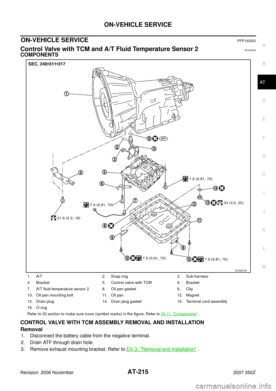 NISSAN 350Z 2007 Z33 Automatic Transmission Workshop Manual ON-VEHICLE SERVICE
AT-215
D
E
F
G
H
I
J
K
L
MA
B
AT
Revision: 2006 November2007 350Z
ON-VEHICLE SERVICEPFP:00000
Control Valve with TCM and A/T Fluid Temperature Sensor 2NCS00092
COMPONENTS
CONTROL VA