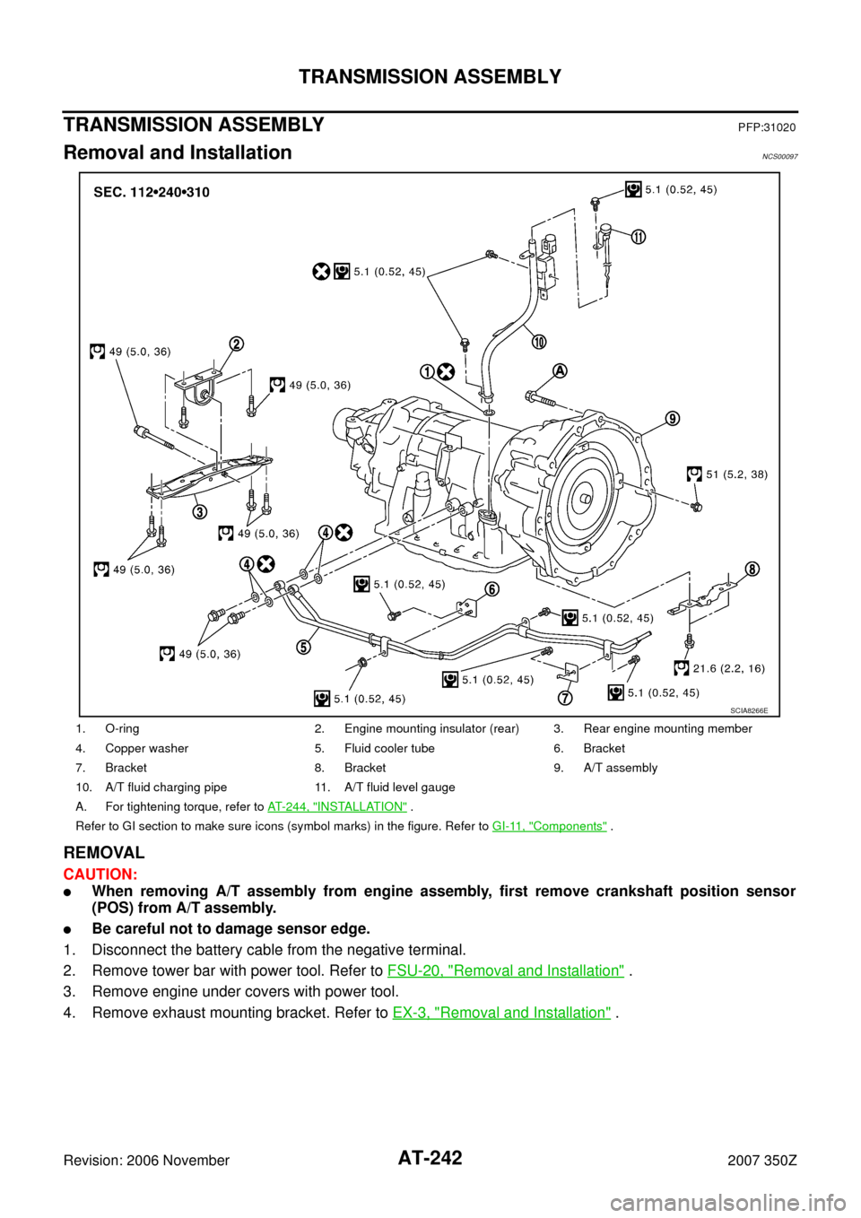 NISSAN 350Z 2007 Z33 Automatic Transmission Workshop Manual AT-242
TRANSMISSION ASSEMBLY
Revision: 2006 November2007 350Z
TRANSMISSION ASSEMBLYPFP:31020
Removal and InstallationNCS00097
REMOVAL
CAUTION:
When removing A/T assembly from engine assembly, first r