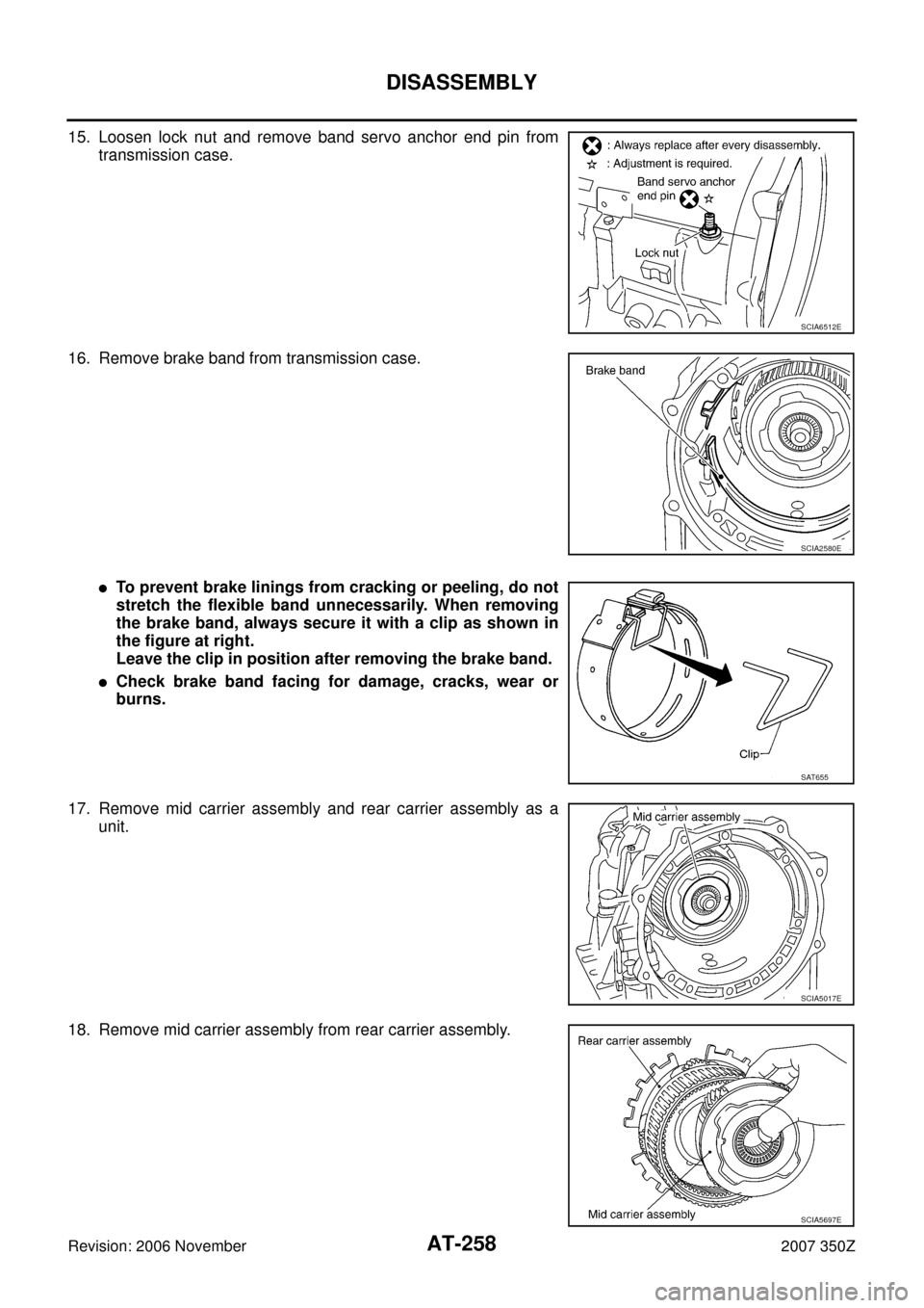 NISSAN 350Z 2007 Z33 Automatic Transmission Workshop Manual AT-258
DISASSEMBLY
Revision: 2006 November2007 350Z
15. Loosen lock nut and remove band servo anchor end pin from
transmission case.
16. Remove brake band from transmission case.
To prevent brake lin
