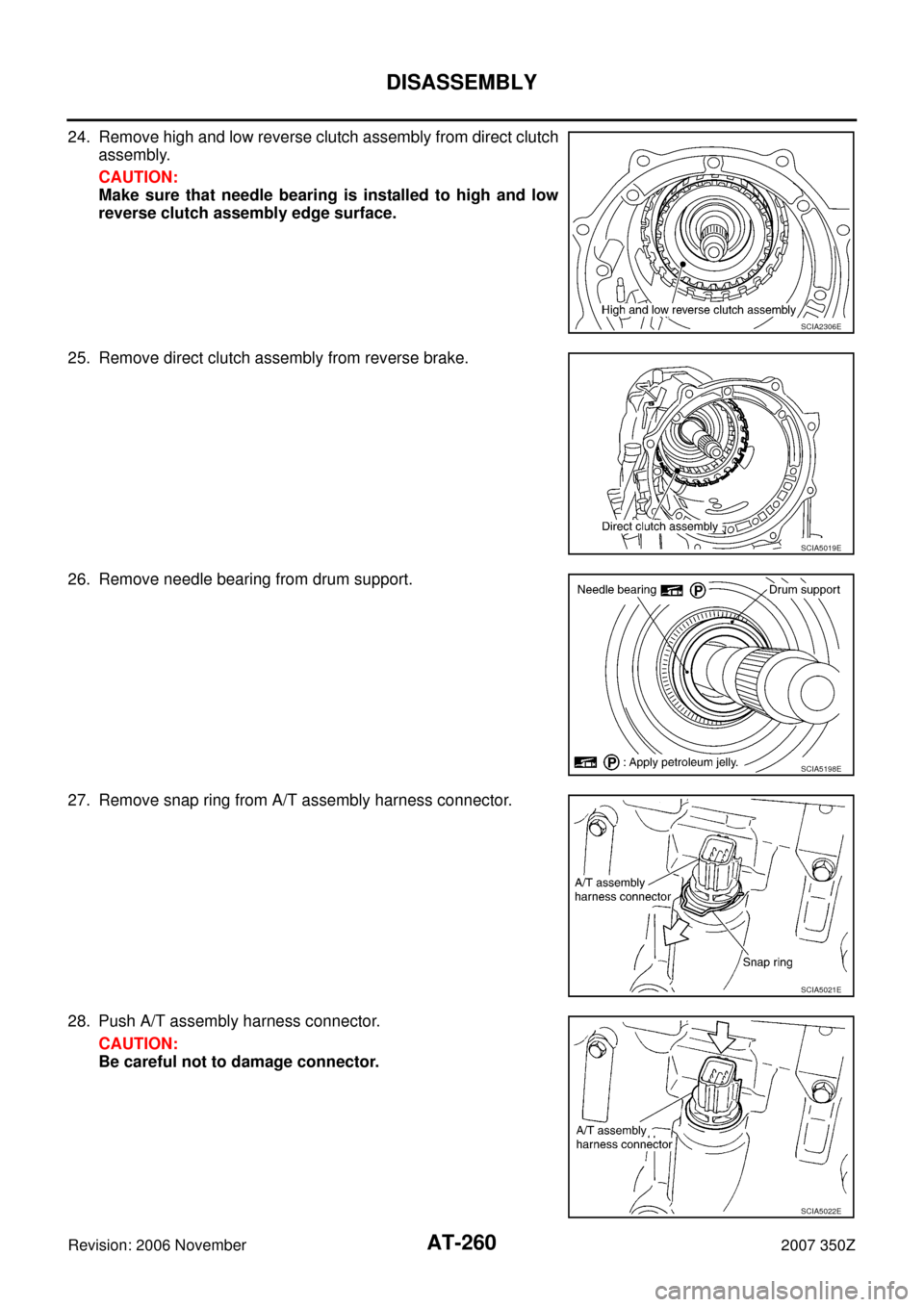 NISSAN 350Z 2007 Z33 Automatic Transmission Workshop Manual AT-260
DISASSEMBLY
Revision: 2006 November2007 350Z
24. Remove high and low reverse clutch assembly from direct clutch
assembly.
CAUTION:
Make sure that needle bearing is installed to high and low
rev